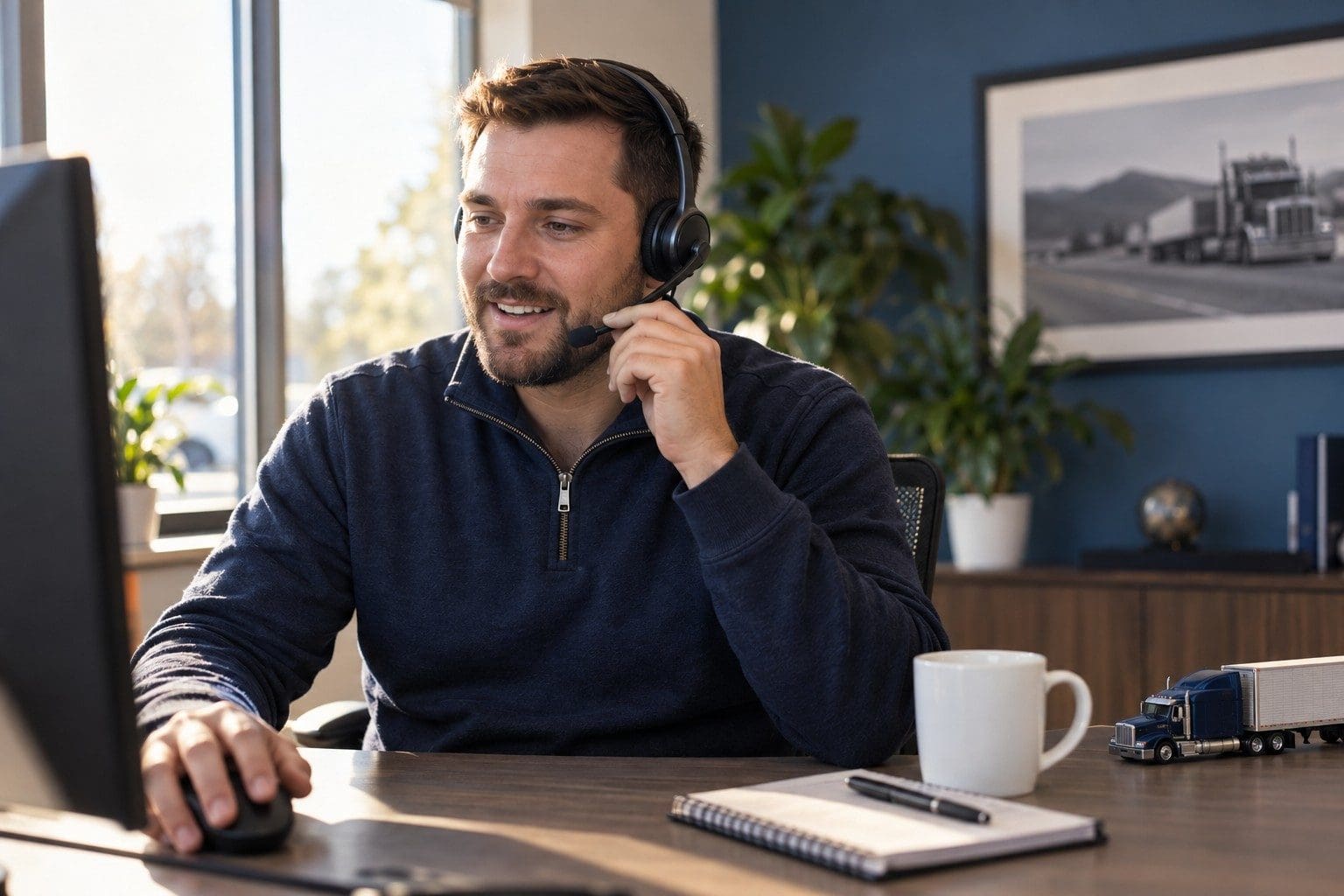 Insurance agent on a headset call reviewing a truck insurance quote