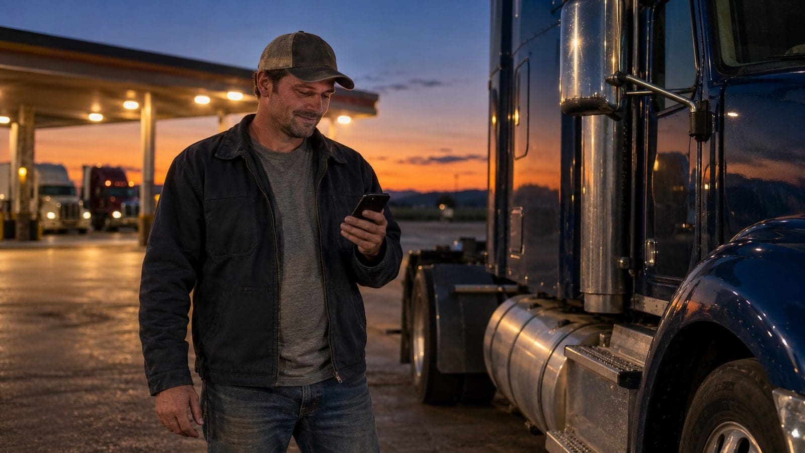 Owner-operator checking a truck insurance quote on a phone beside their semi truck at a truck stop at dusk
