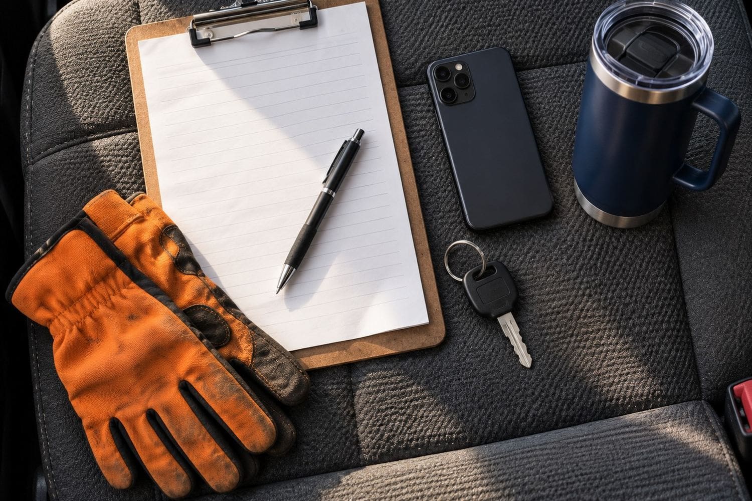 Clipboard, pen, phone, truck key, work gloves and travel mug laid out on a truck seat, ready for an insurance quote